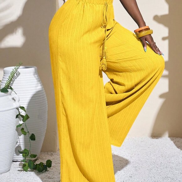 Yellow Casual Women's Full Length wide legging flowy Pants - Picture 5 of 9